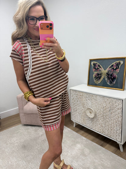 Coffee Coral Multi Striped Mixed Short Pants Set