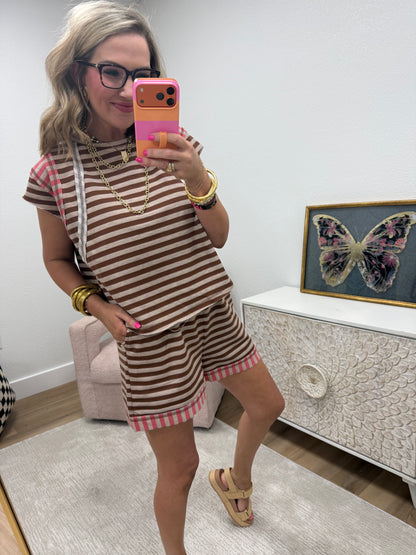 Coffee Coral Multi Striped Mixed Short Pants Set