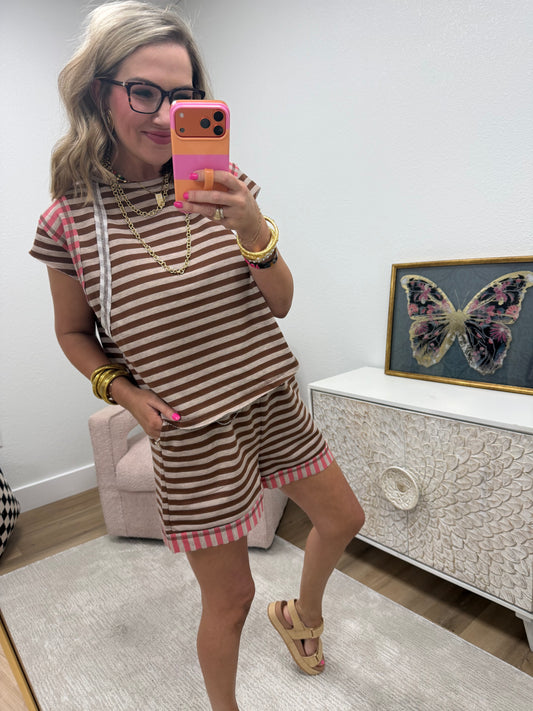 Coffee Coral Multi Striped Mixed Short Pants Set