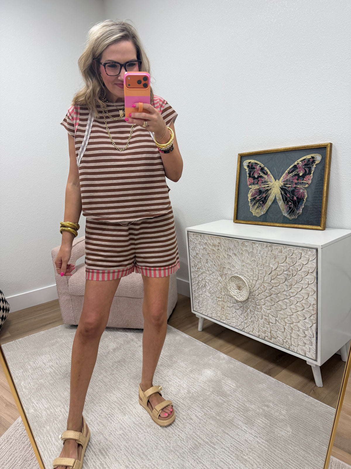 Coffee Coral Multi Striped Mixed Short Pants Set