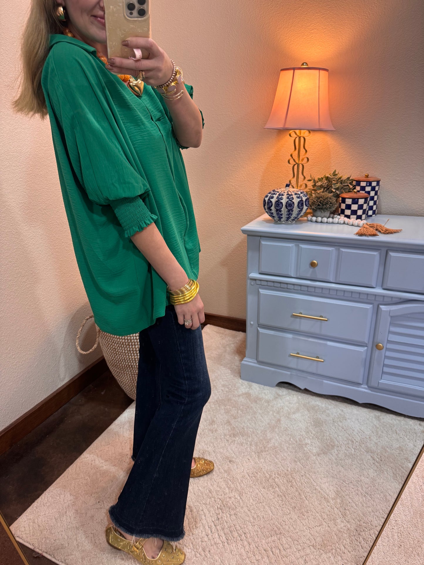 Kelly Green Collared Smocked Sleeve Top