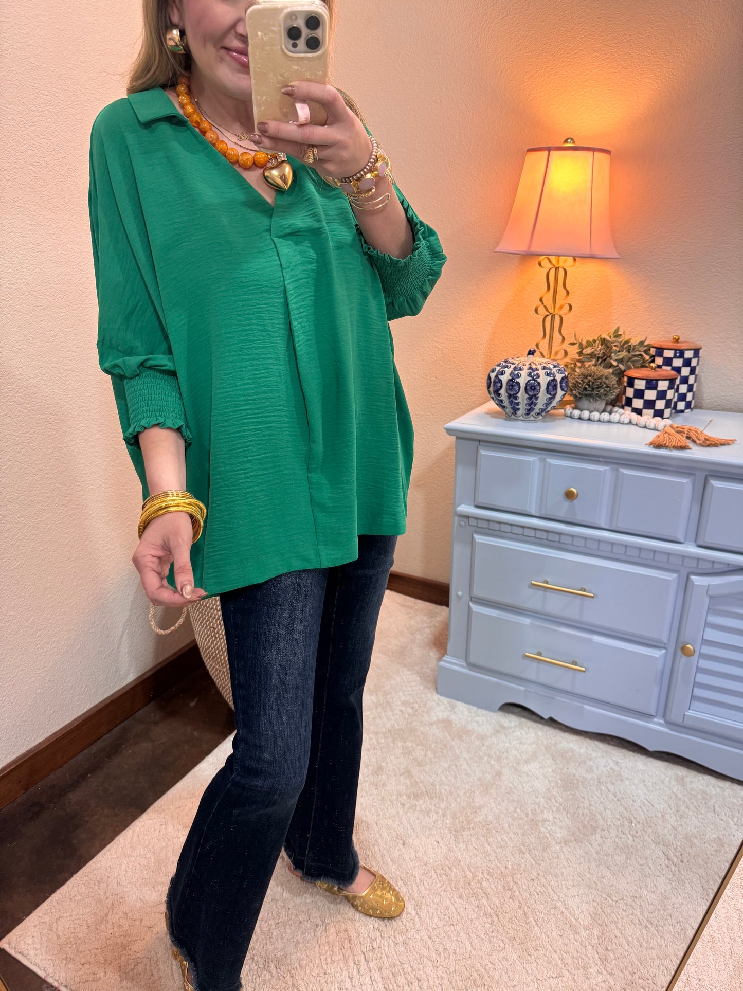Kelly Green Collared Smocked Sleeve Top