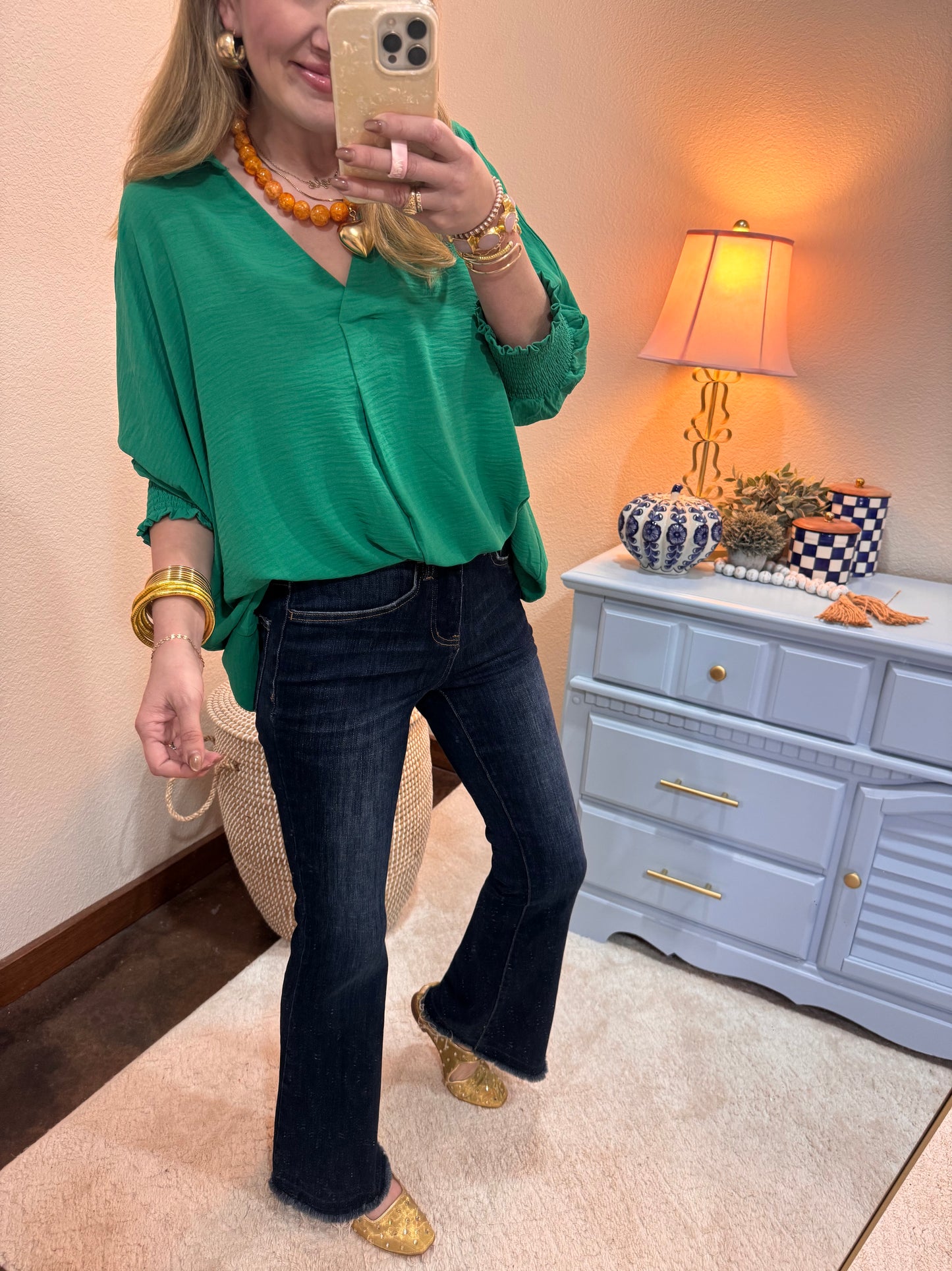 Kelly Green Collared Smocked Sleeve Top