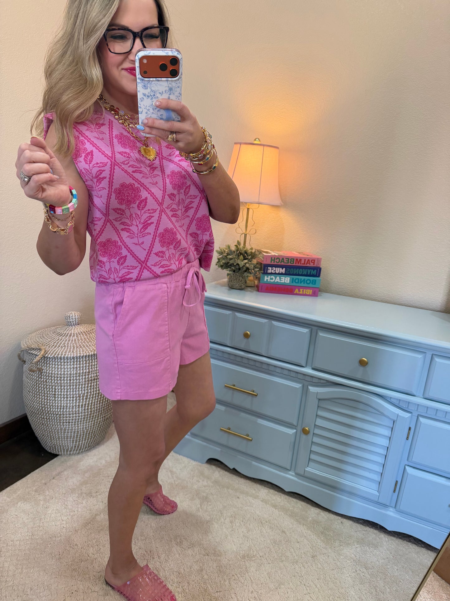 Pink Elastic Waist Drawstring Denim Shorts