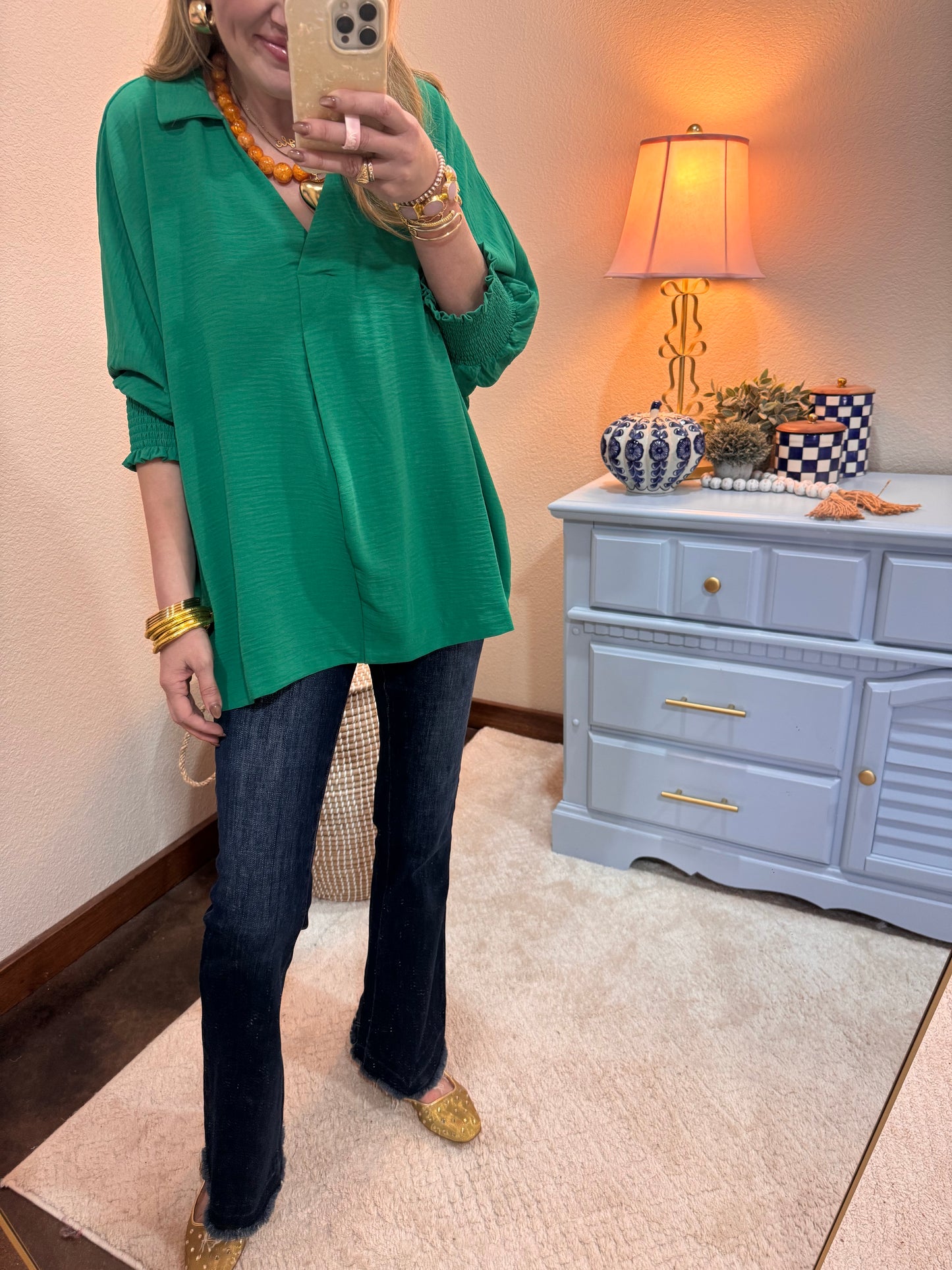 Kelly Green Collared Smocked Sleeve Top
