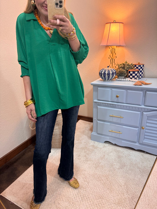 Kelly Green Collared Smocked Sleeve Top