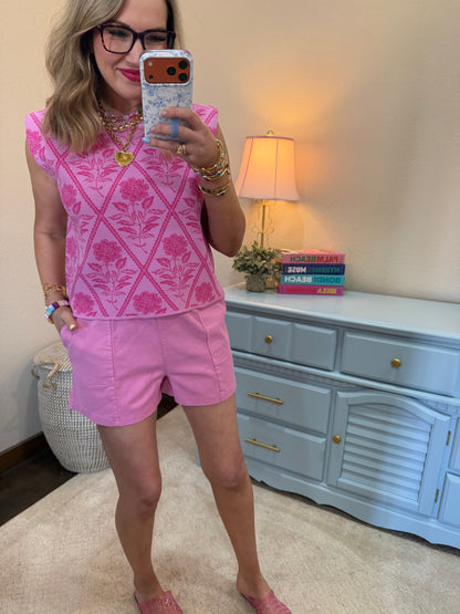 Pink Elastic Waist Drawstring Denim Shorts