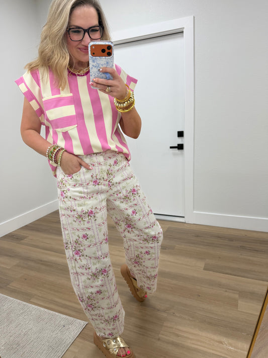 Ivory & Pink Floral Stripe Flower Printed Barrel Jeans