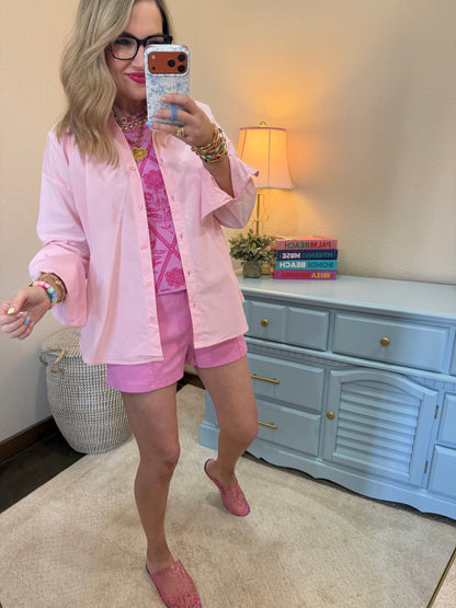 Pink Elastic Waist Drawstring Denim Shorts