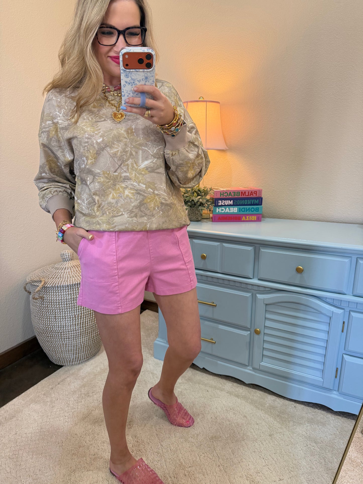 Pink Elastic Waist Drawstring Denim Shorts