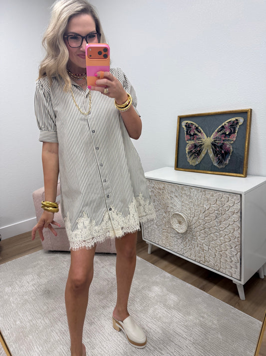 Mocha Striped Dress with Lace Detail