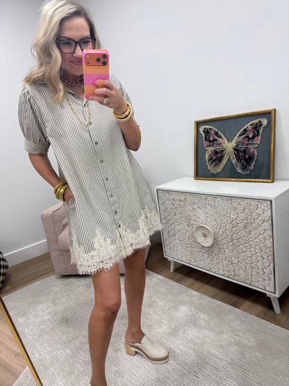 Mocha Striped Dress with Lace Detail