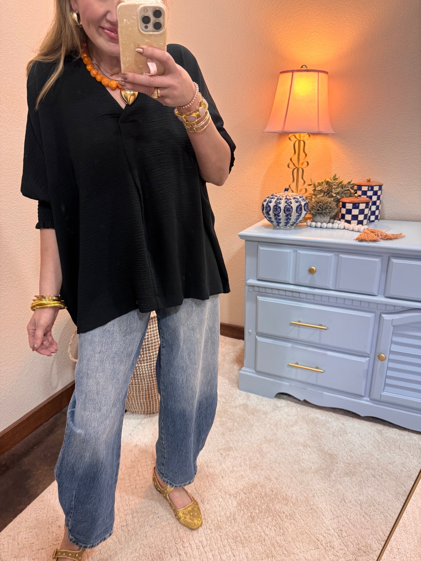 Black Collared Smocked Sleeve Top