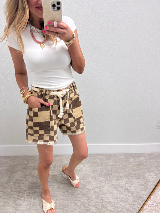 Mocha Checker Braided Waist Belt Short