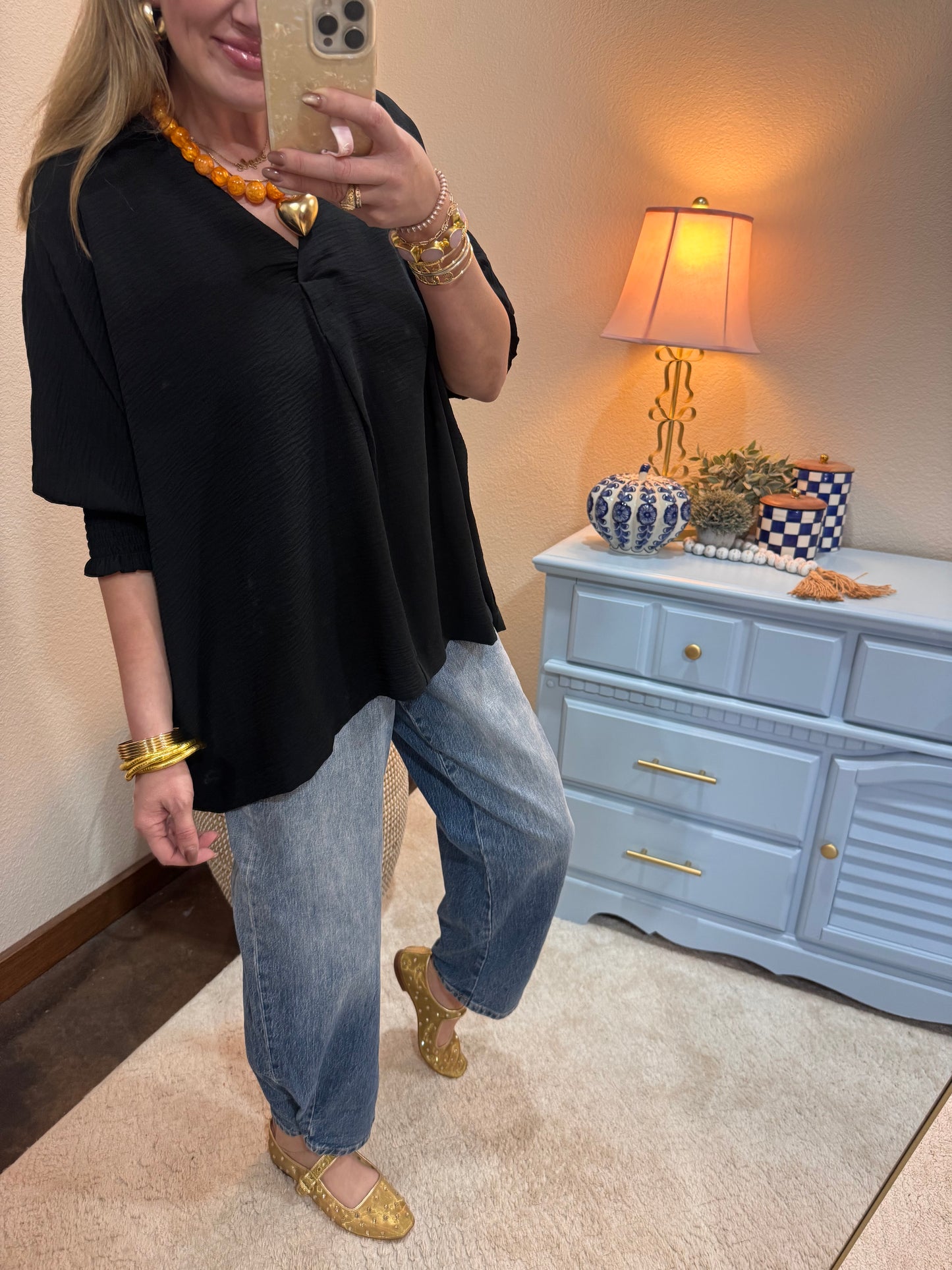 Black Collared Smocked Sleeve Top