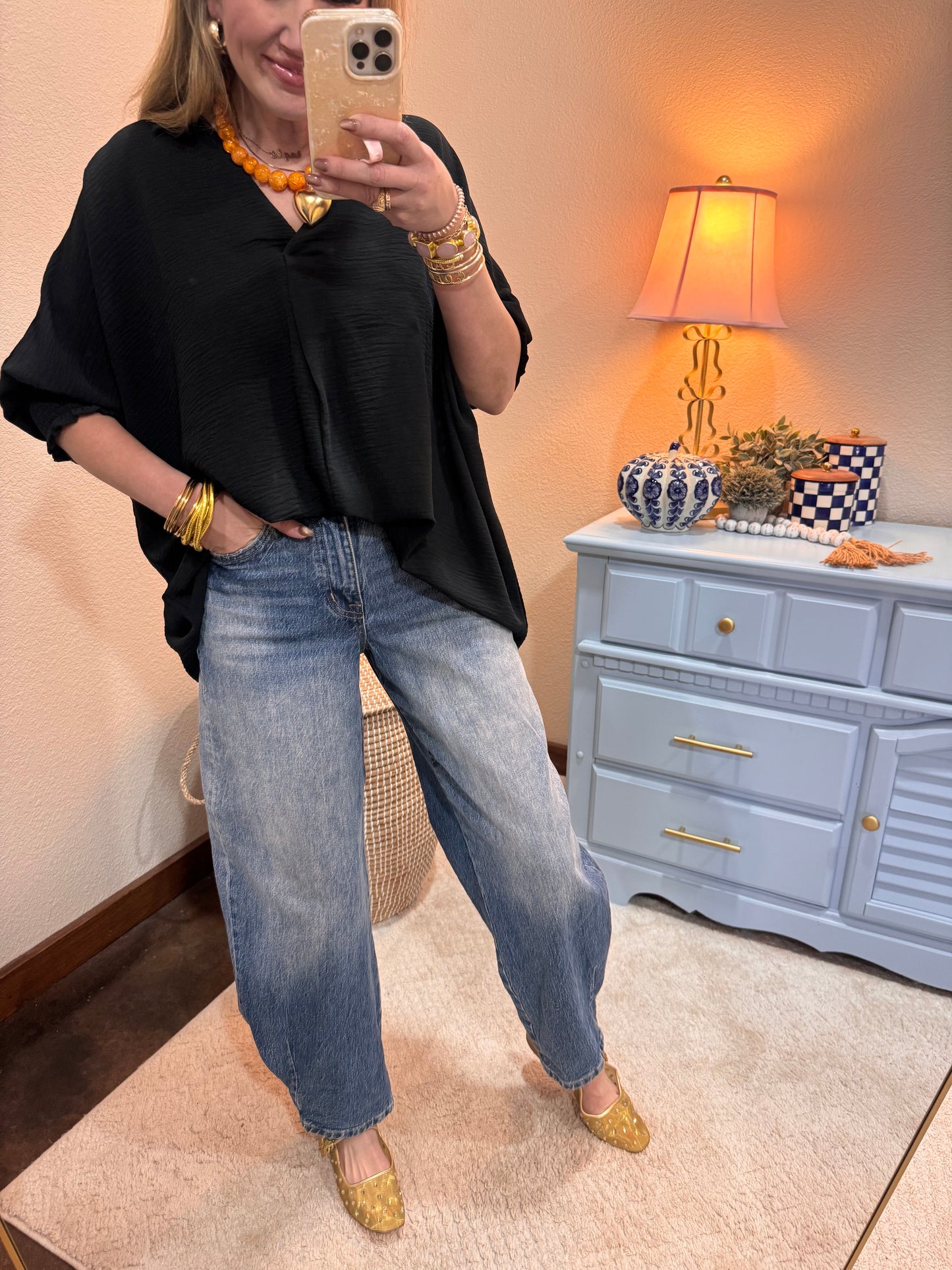 Black Collared Smocked Sleeve Top