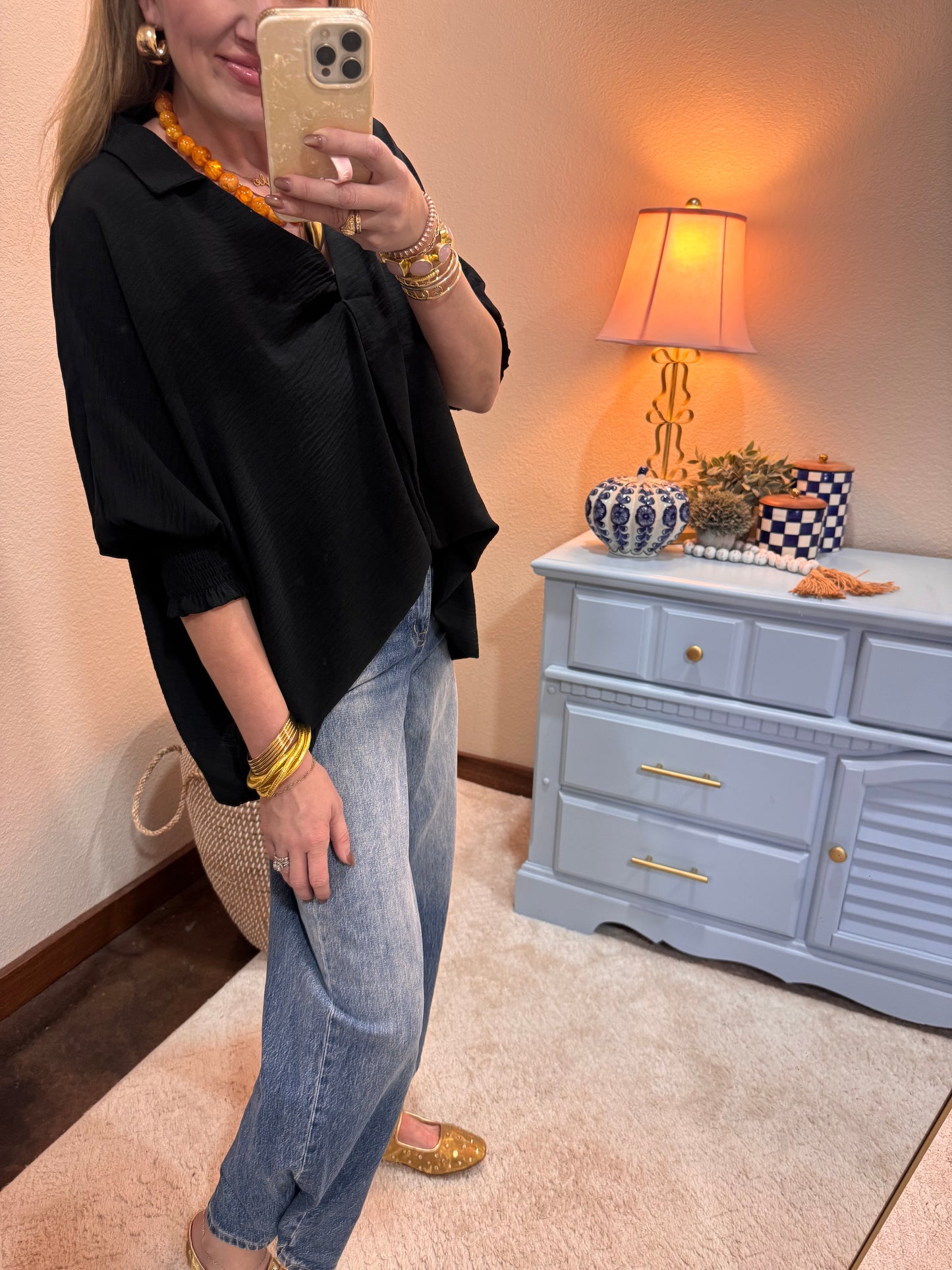 Black Collared Smocked Sleeve Top