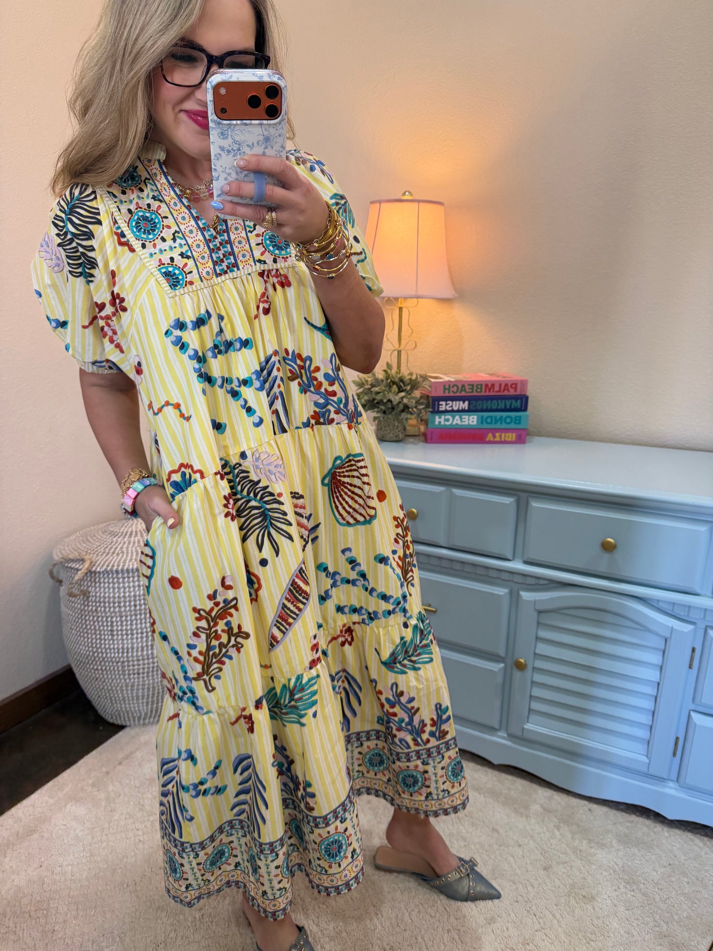 Butter Mix Aquatic Print Babydoll Midi Dress