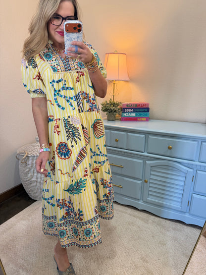 Butter Mix Aquatic Print Babydoll Midi Dress