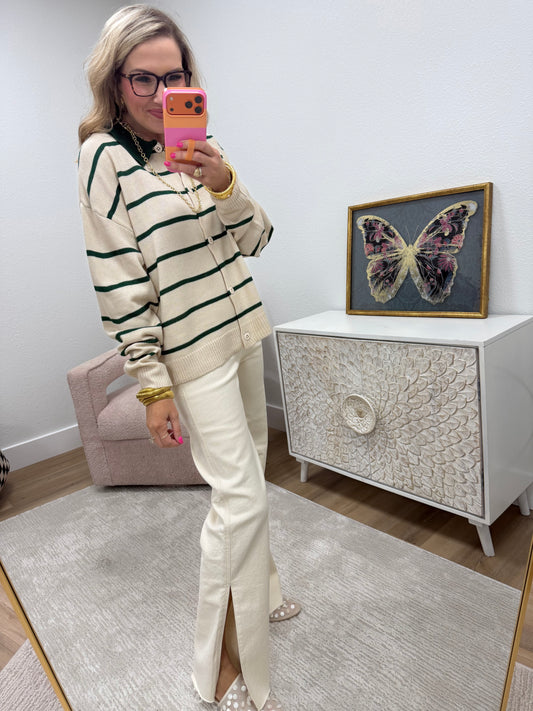 Green Oversized Button Down Striped Casual Sweater