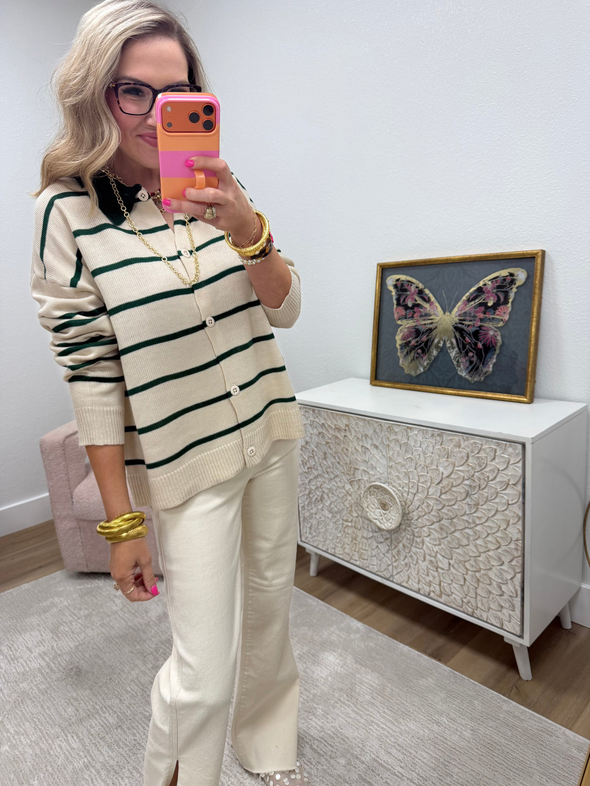 Green Oversized Button Down Striped Casual Sweater