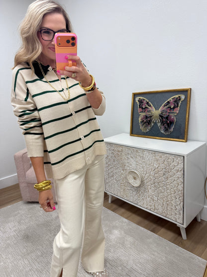 Green Oversized Button Down Striped Casual Sweater