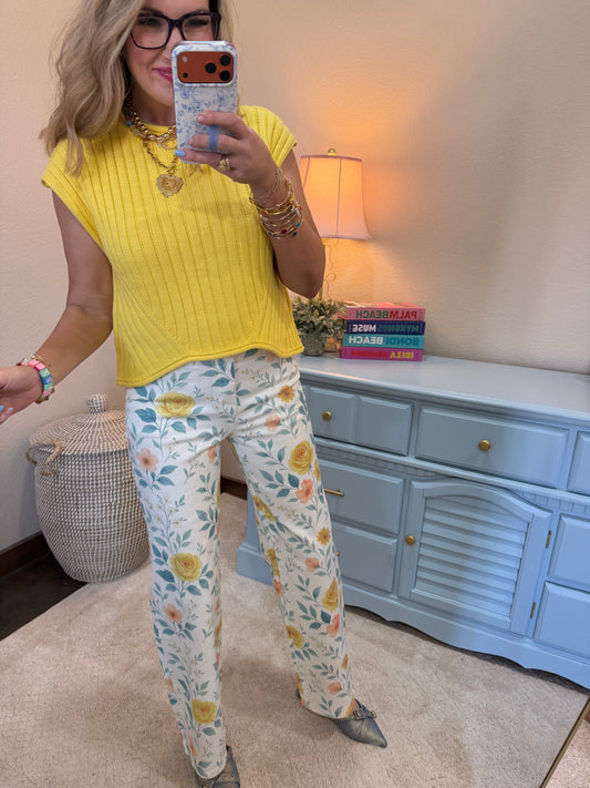 Floral High Rise Wide Leg Jeans