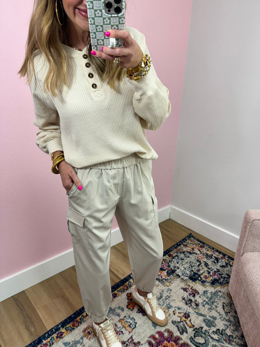 Cream High Elastic Waist Jogger Pants