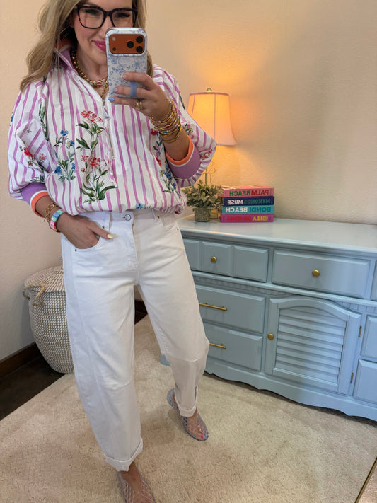 Violet Pink 3/4 Sleeve Half Zip Printed Top