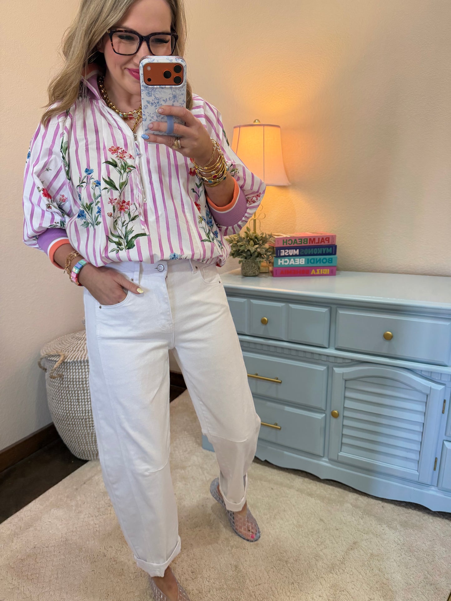 Violet Pink 3/4 Sleeve Half Zip Printed Top