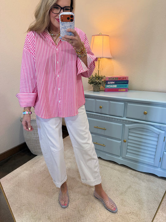 Pink Striped Button-up Poplin Shirt