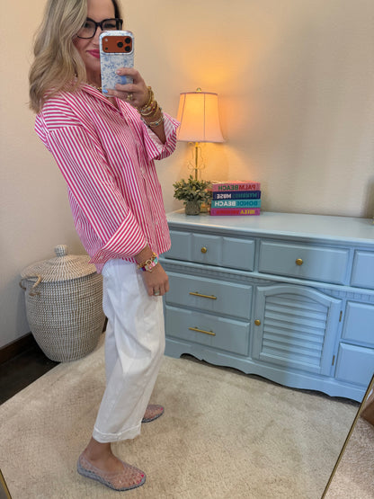 Pink Striped Button-up Poplin Shirt