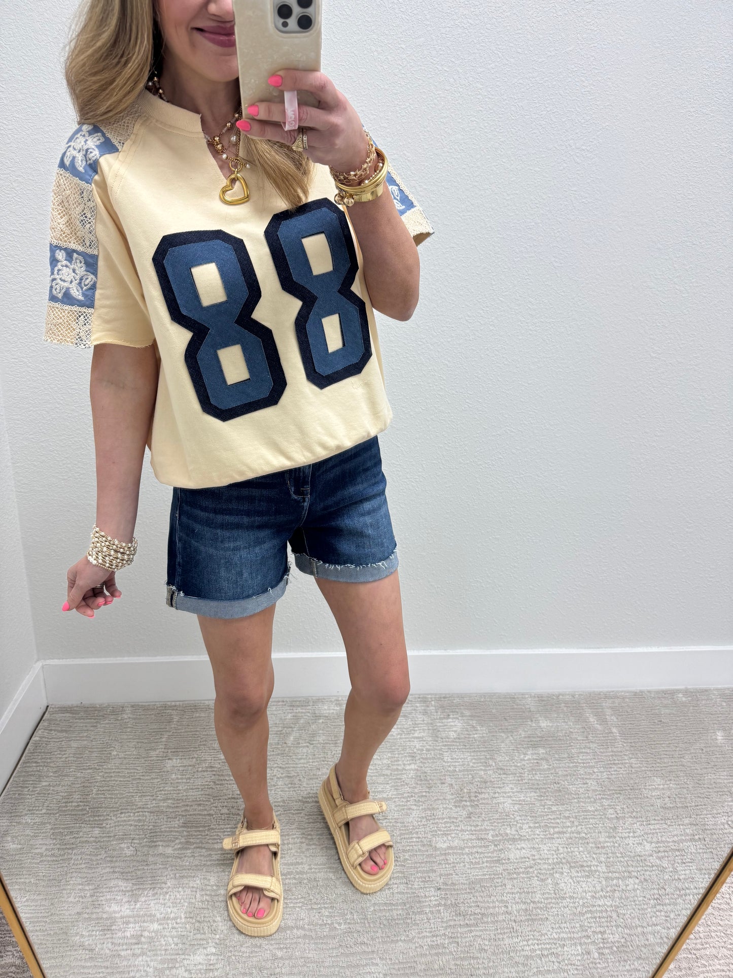 Cream & Denim Number Patch Embroidered Shirt