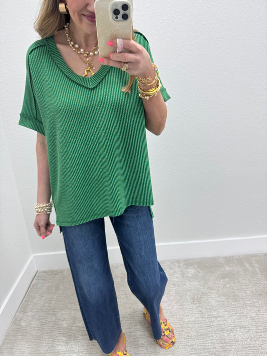 Dark Green Ribbed Hi-Low V Neck Shirt