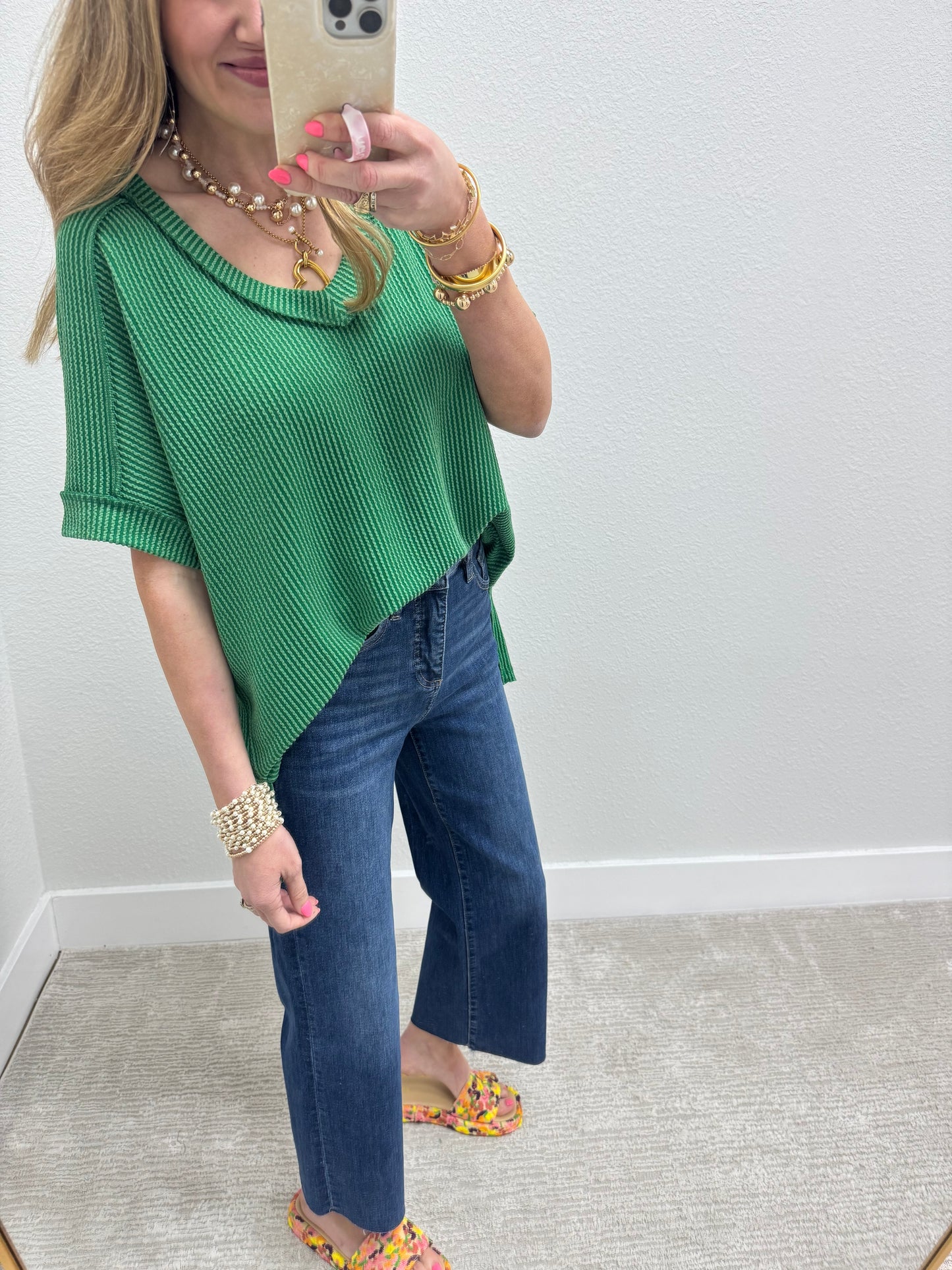 Dark Green Ribbed Hi-Low V Neck Shirt