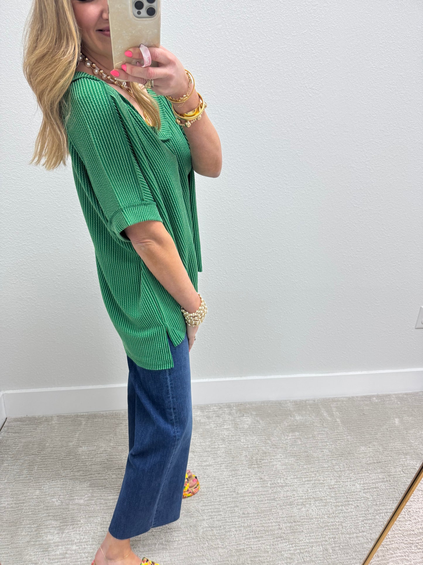Dark Green Ribbed Hi-Low V Neck Shirt