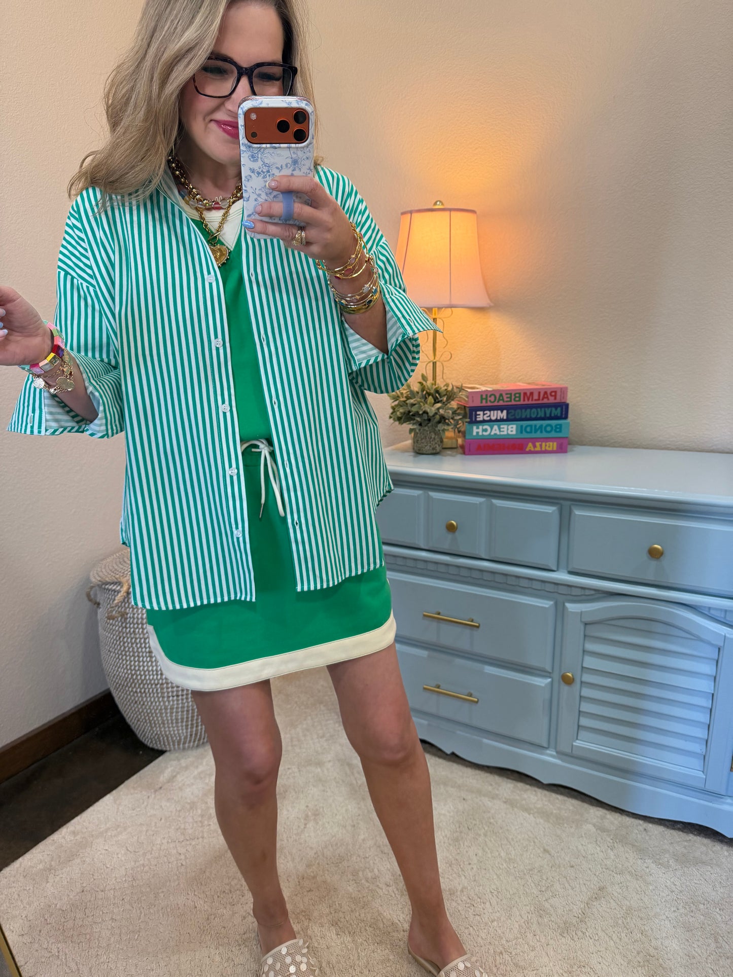 Green Striped Button-up Poplin Shirt