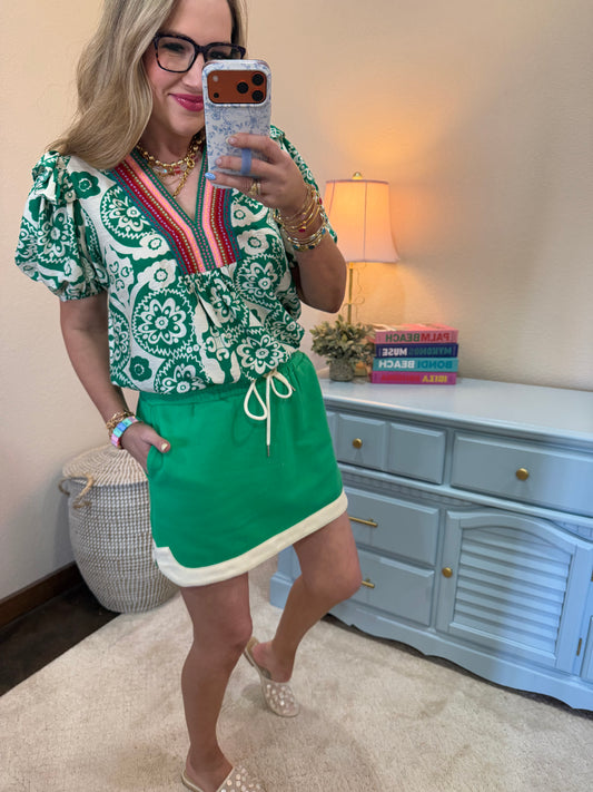 Green Puff Sleeve V Neck Top with Multi Colored Patch Trim