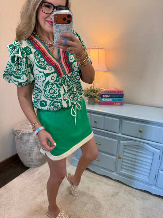 Green Puff Sleeve V Neck Top with Multi Colored Patch Trim