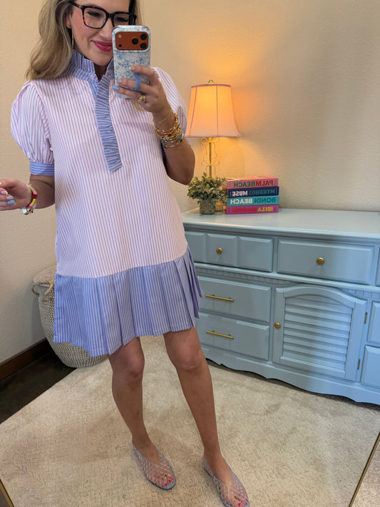 Pink & Lavender Pleat Hem Stripe Dress