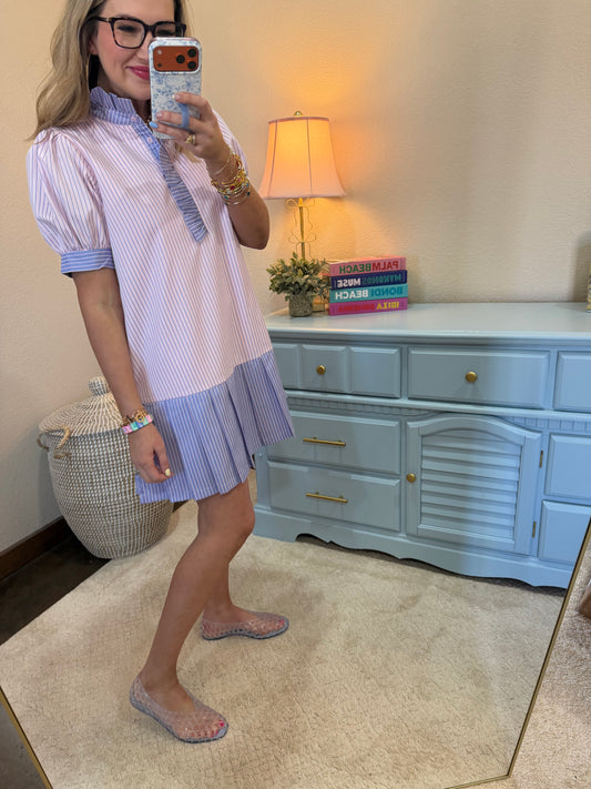 Pink & Lavender Pleat Hem Stripe Dress