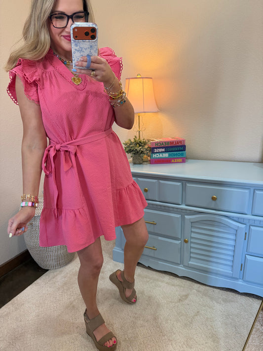 Peony Seersucker Frilled V-Neck Ruffle Dress