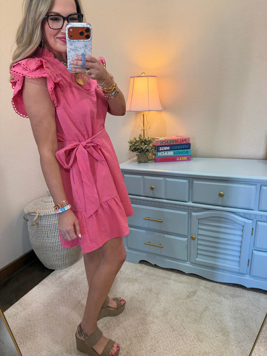 Peony Seersucker Frilled V-Neck Ruffle Dress