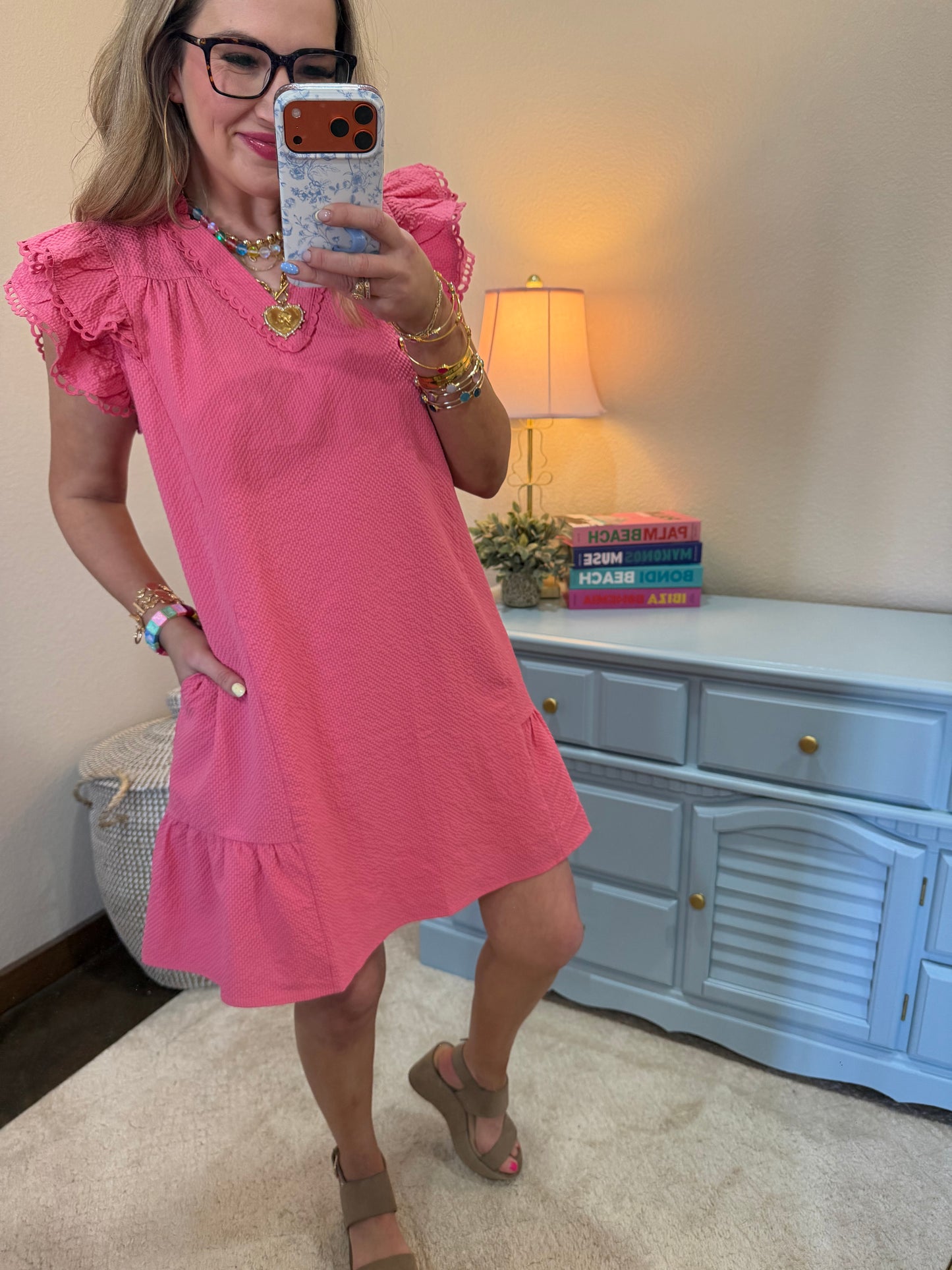 Peony Seersucker Frilled V-Neck Ruffle Dress