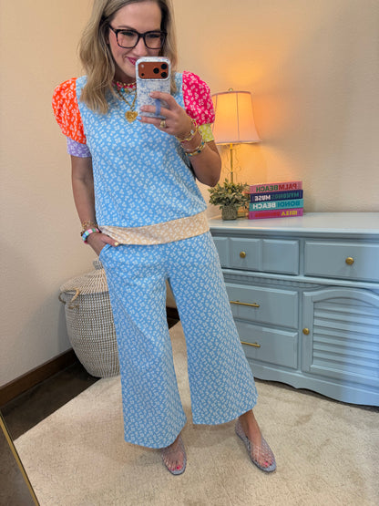 Light Blue Color Block Puff Sleeve Pant Set