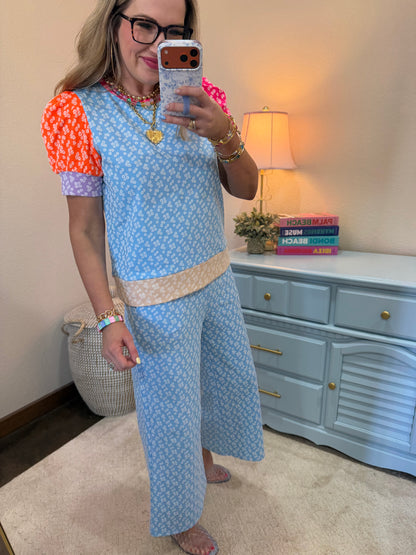 Light Blue Color Block Puff Sleeve Pant Set