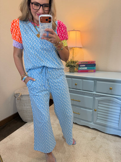 Light Blue Color Block Puff Sleeve Pant Set
