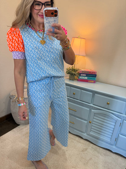 Light Blue Color Block Puff Sleeve Pant Set