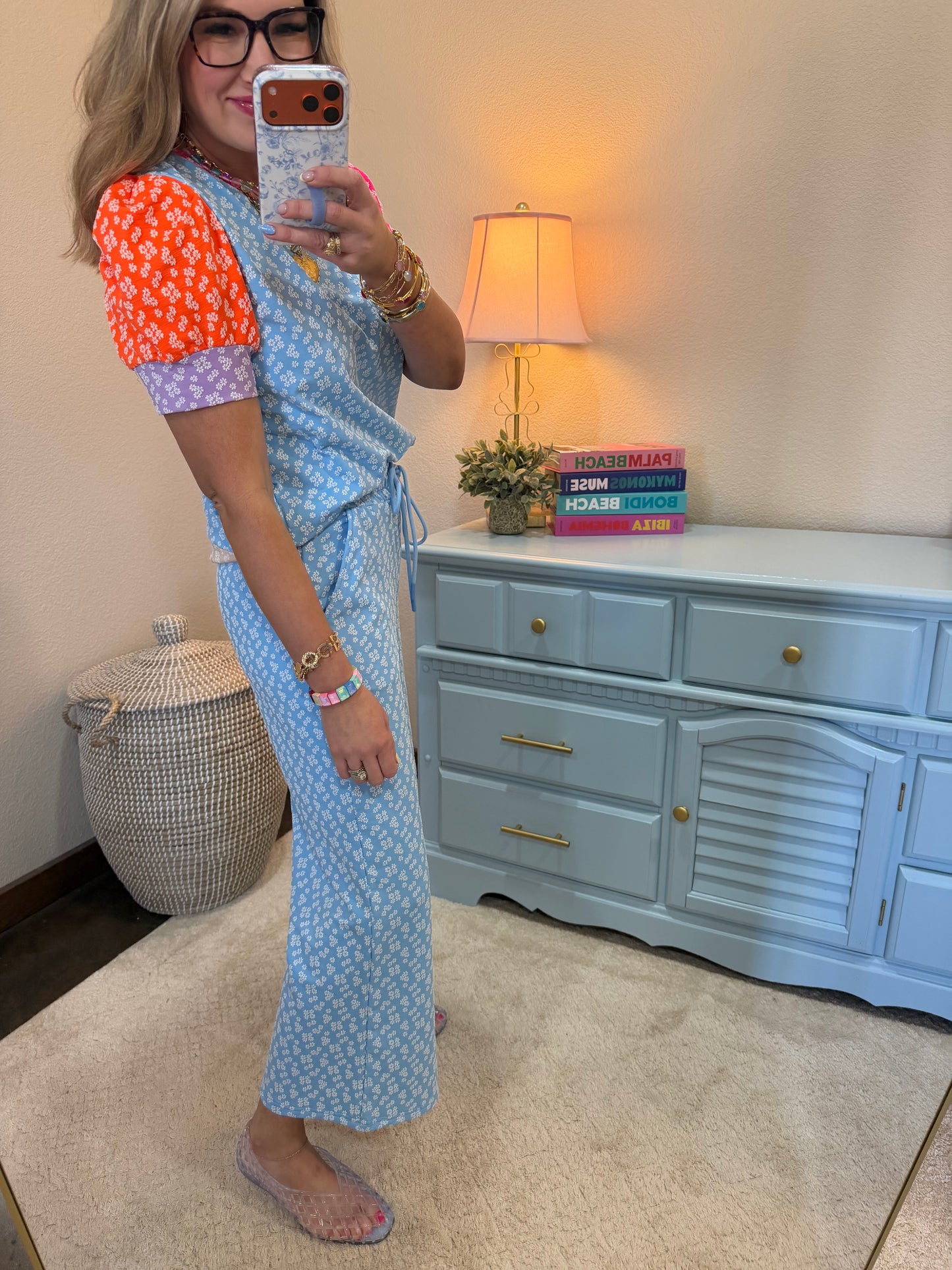 Light Blue Color Block Puff Sleeve Pant Set