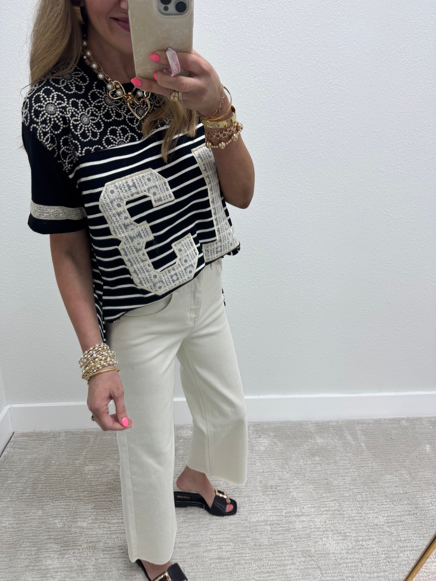 Black Embroidered Detail Number Patch Short Sleeve